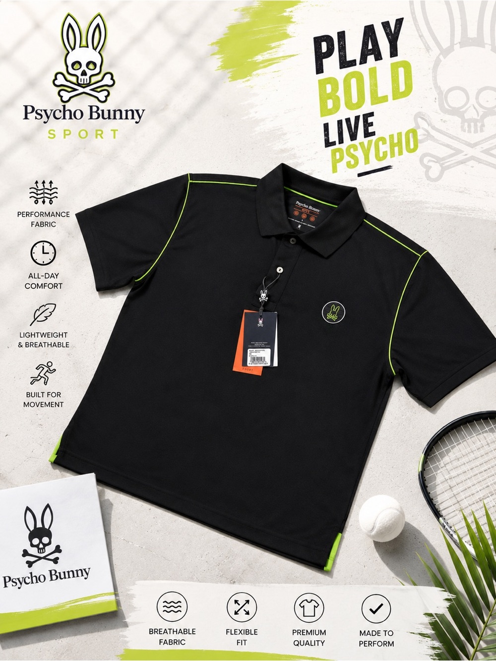 Psycho Bunny Black Men’s Polo with Neon Green